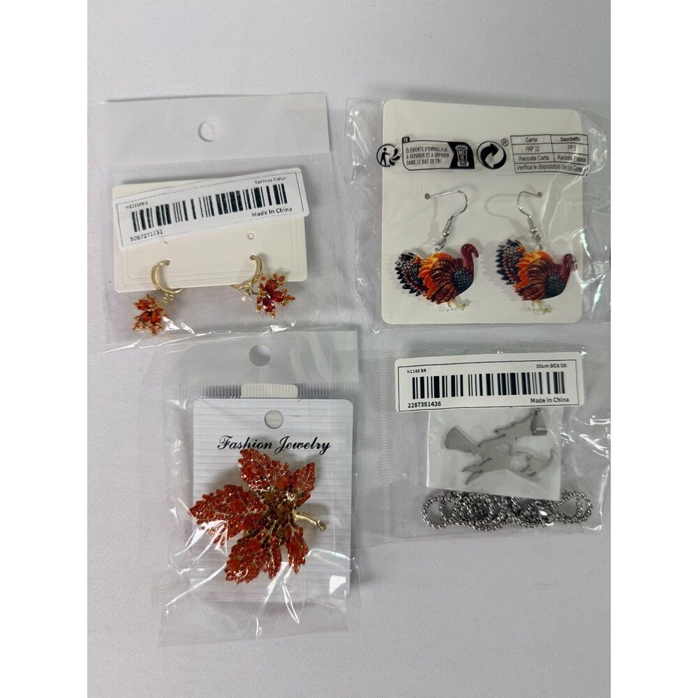 Fall Jewelry Bundle Turkey Earrings Orange Leaf Brooch Deer Pendant Necklace
